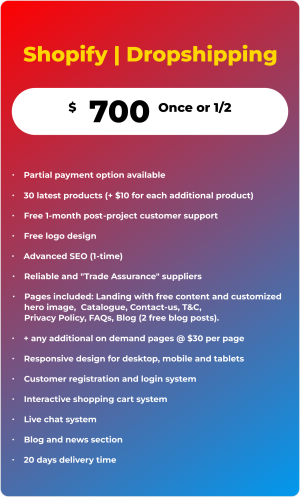 Shopify dropshipping package details.